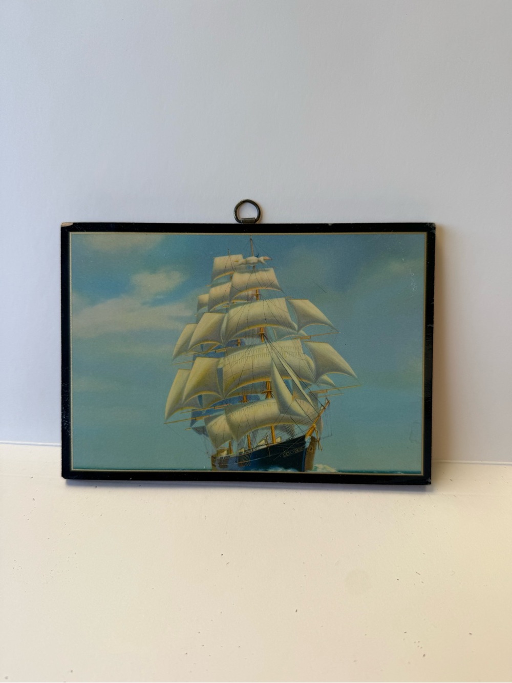 Vintage Small Wall Art Clipper Ship in Blue and White on Wood Eclectic Grandpa.